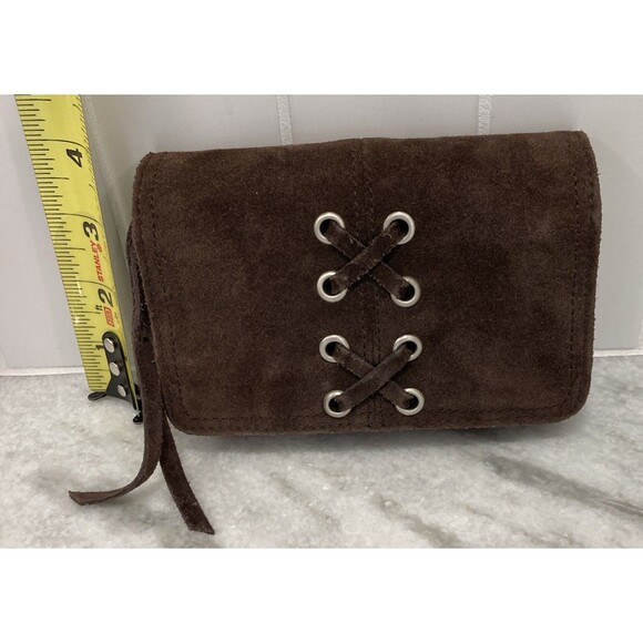 American Eagle Vtg Y2k Suede Wallet Dark Brown Lace Up Small Bifold Boho Hippie - Picture 16 of 16